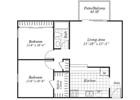 Floor plan for 2 beds, 1 bath, 851 sqft